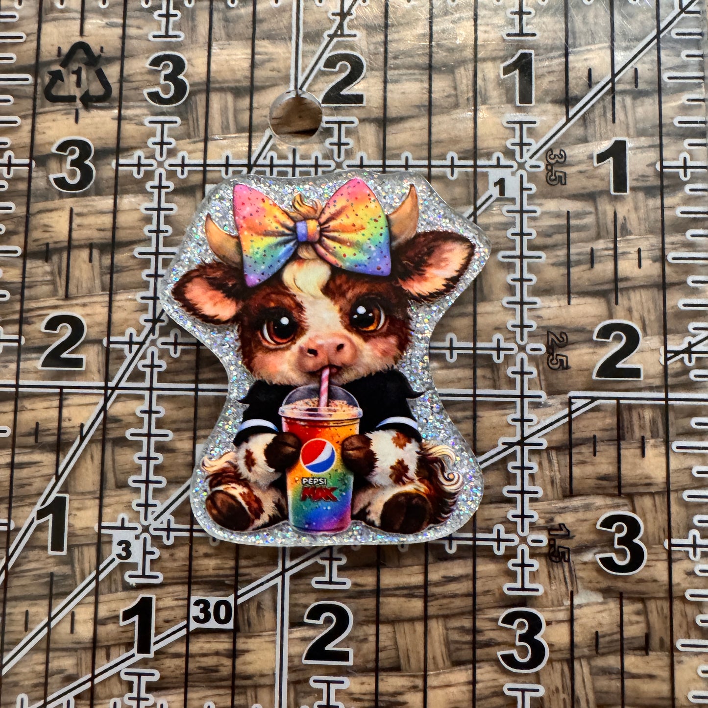 Cow With Pepsi Glitter Flatback, Cheetah Print, Heart, Single Pc.