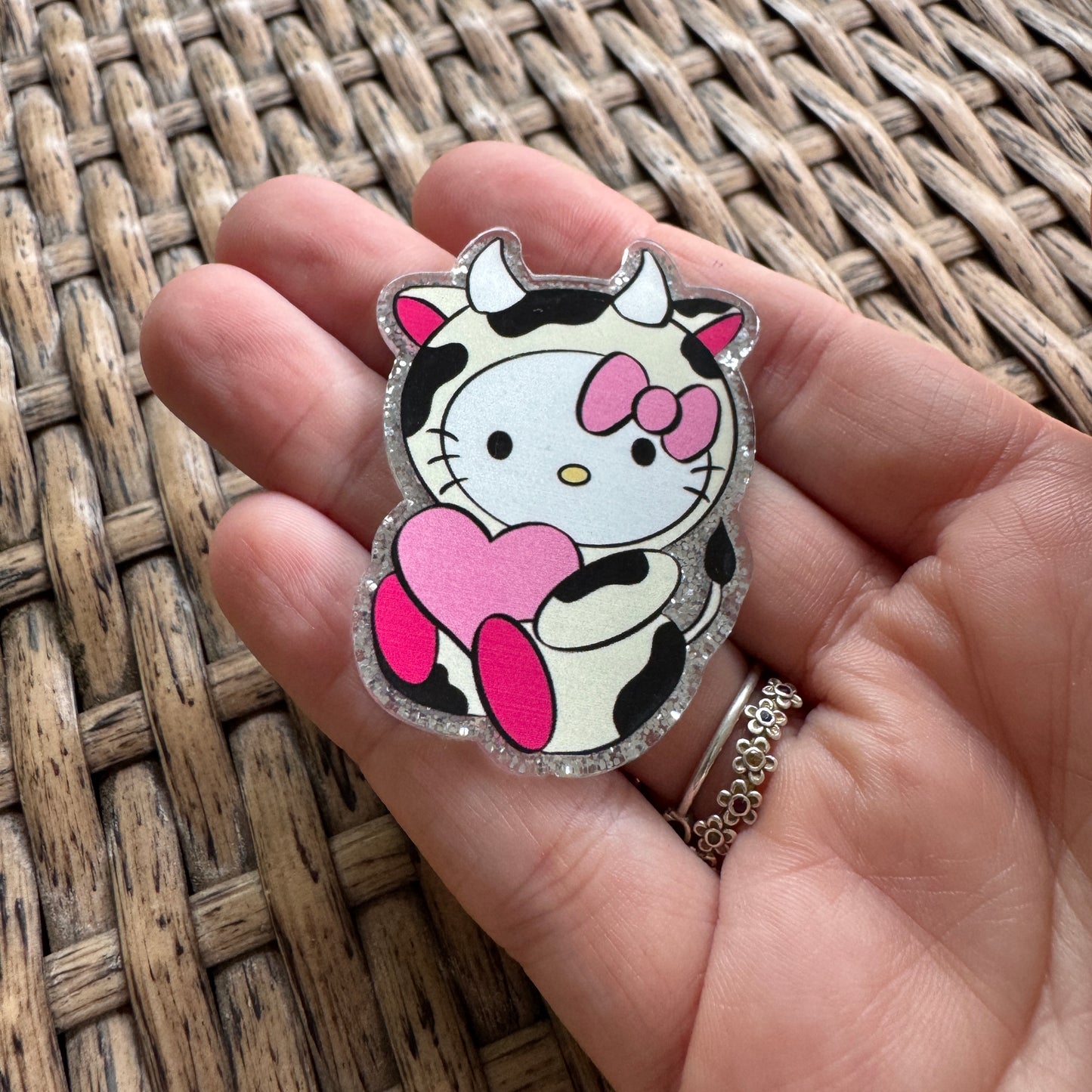 Hello Kitty in Cow Costume- Glitter Flatback, Single Pc.