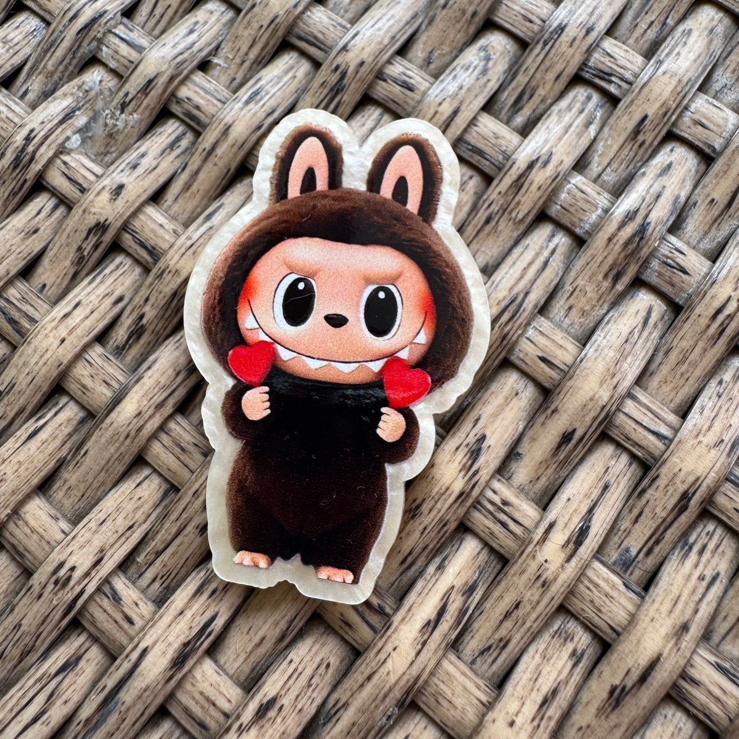 Brown Labubu with hearts, Glitter Flatback,  Planar, Cabochon, Single Pc