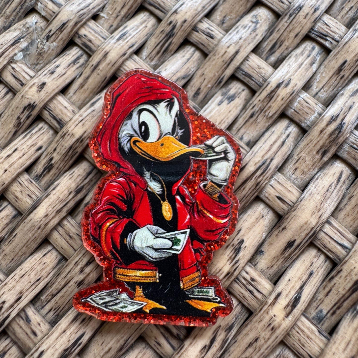 Duck with Money, Glitter Flatback,  Planar, Cabochon, Single Pc