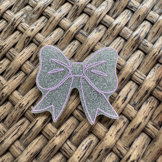 Silver Bow with Pink Outline, Glitter Flatback,  Planar, Cabochon, Single Pc