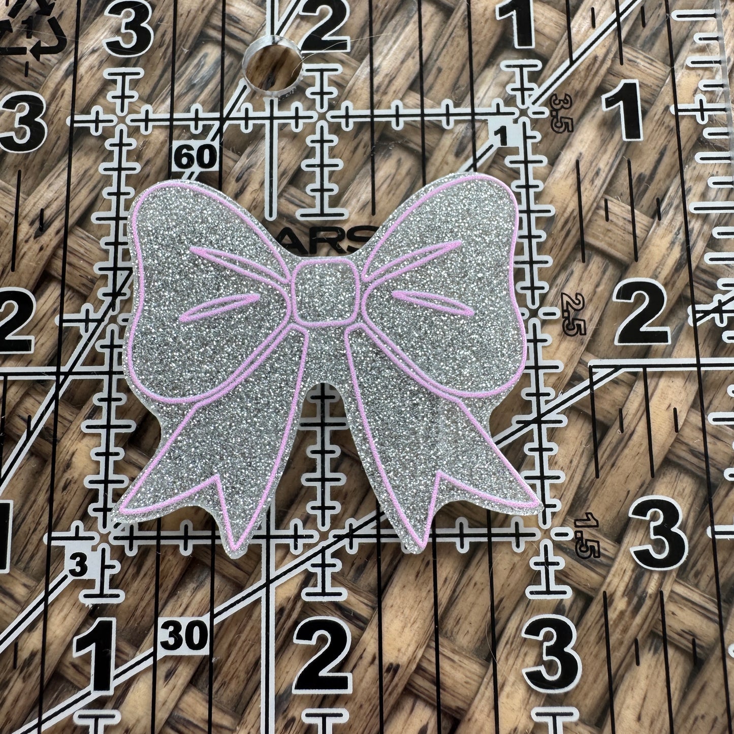 Silver Bow with Pink Outline, Glitter Flatback,  Planar, Cabochon, Single Pc