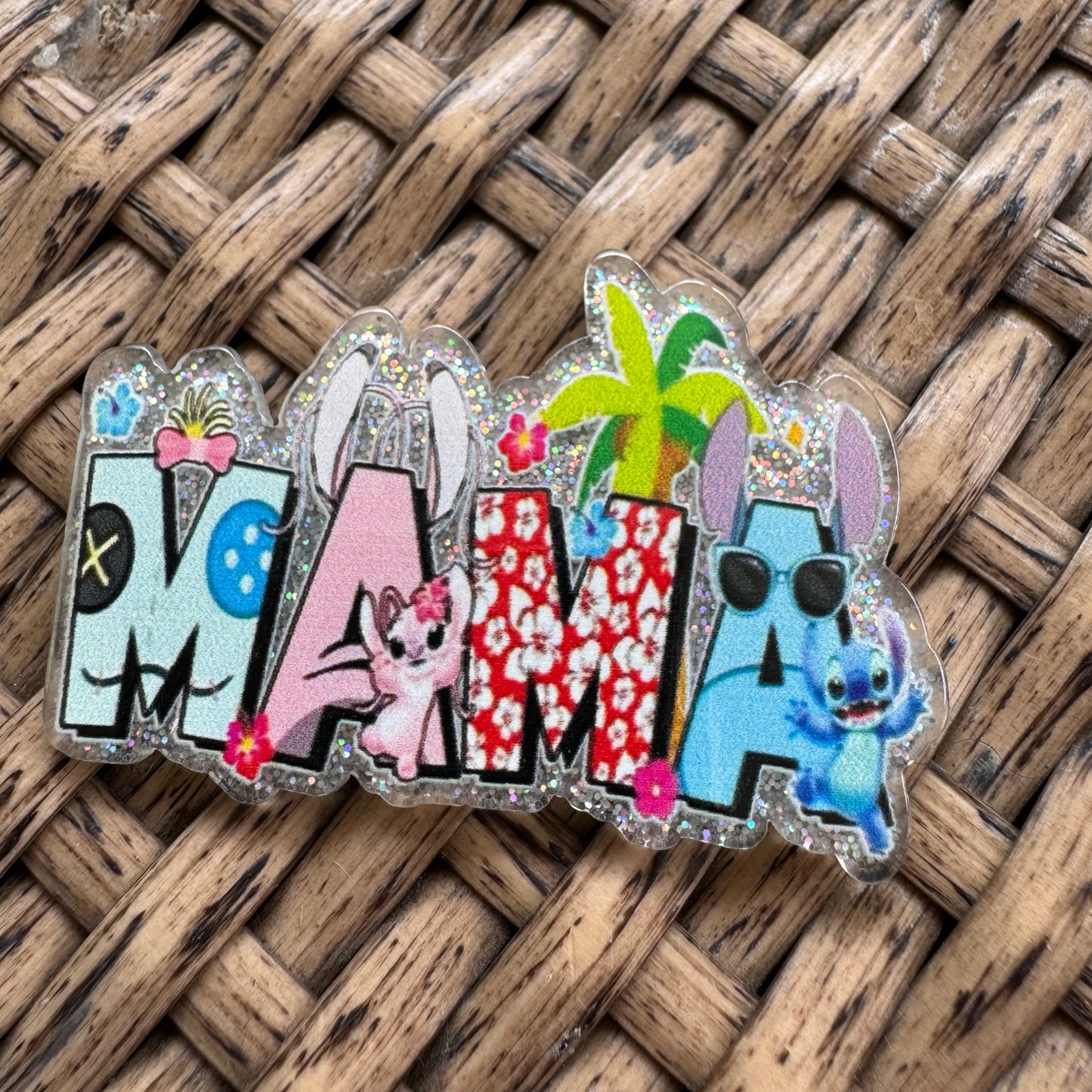 MAMA, lilo and Stitch ,Glitter Flatback,  Planar, Cabochon, Single Pc