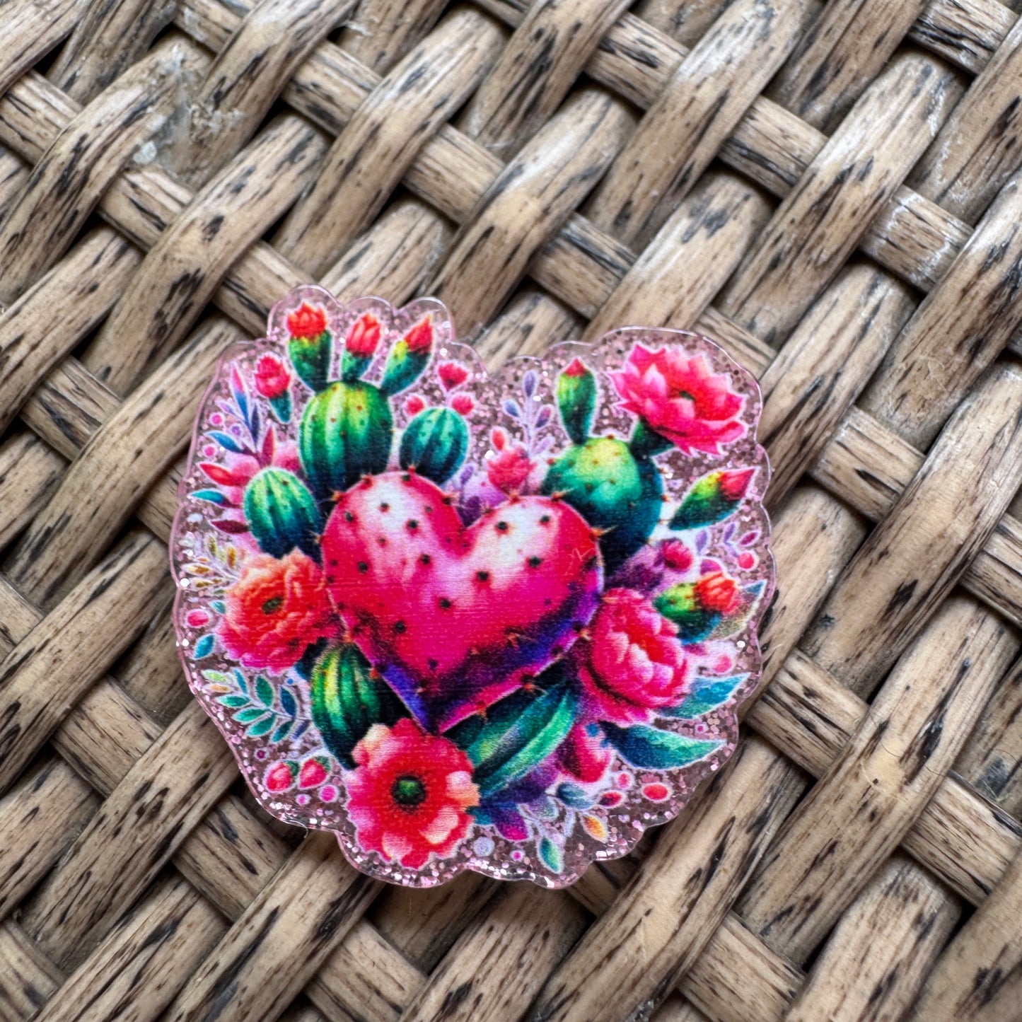 Cactus and Heart, Glitter Flatback,  Planar, Cabochon, Single Pc