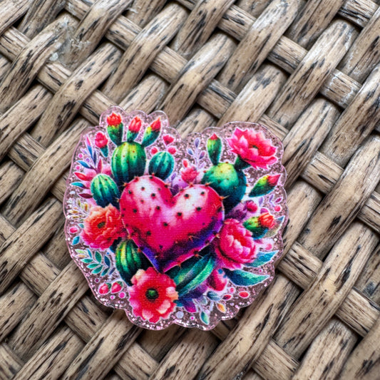 Cactus and Heart, Glitter Flatback,  Planar, Cabochon, Single Pc