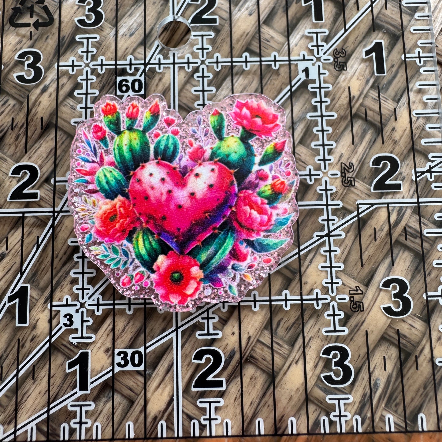 Cactus and Heart, Glitter Flatback,  Planar, Cabochon, Single Pc