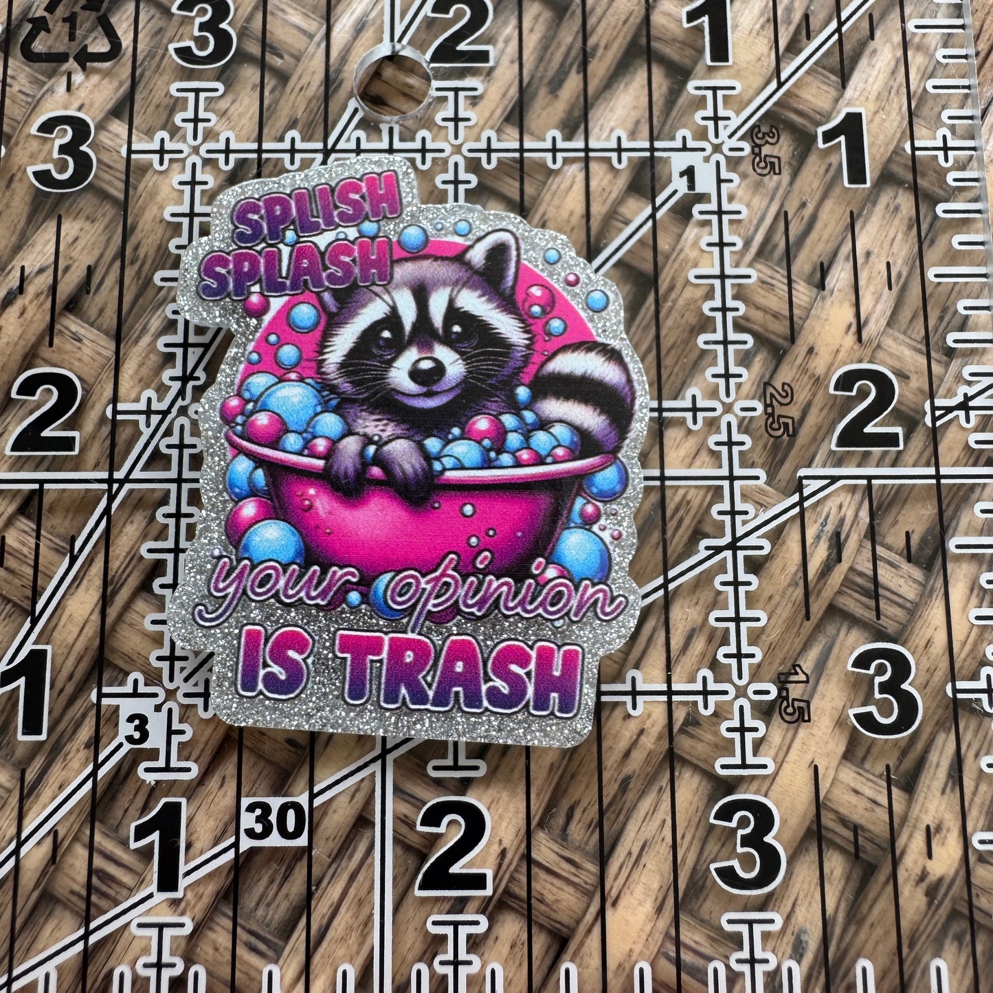 Racoon, Splish Splash Your opinion is Trash, Glitter Flatback,  Planar, Cabochon, Single Pc