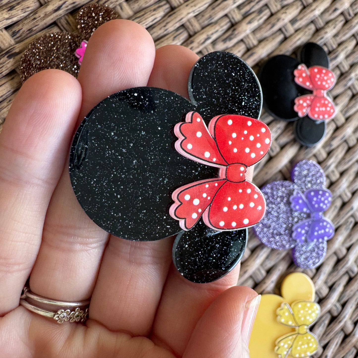 MIckey Mouse Head With Bow Double Layer, Color Choice,  Glitter Flatback,  Planar, Cabochon, Single Pc