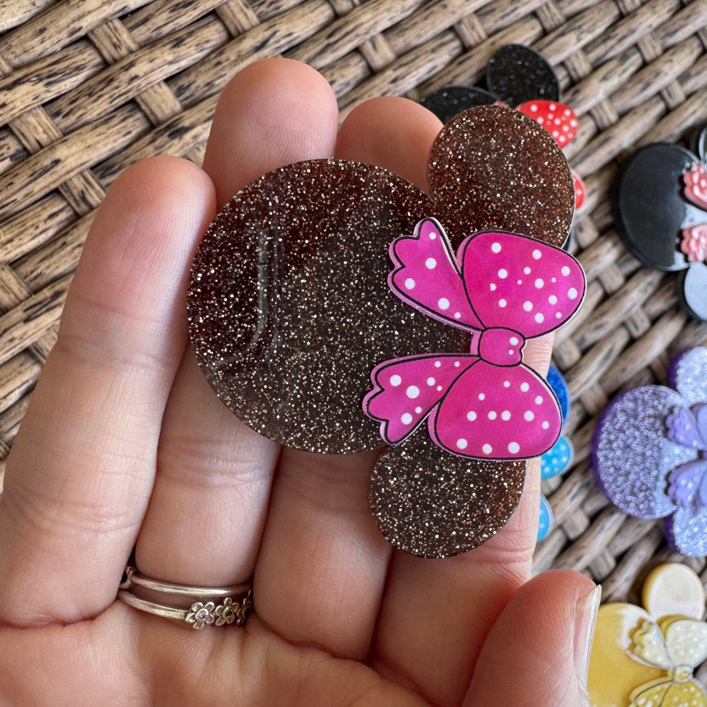 MIckey Mouse Head With Bow Double Layer, Color Choice,  Glitter Flatback,  Planar, Cabochon, Single Pc