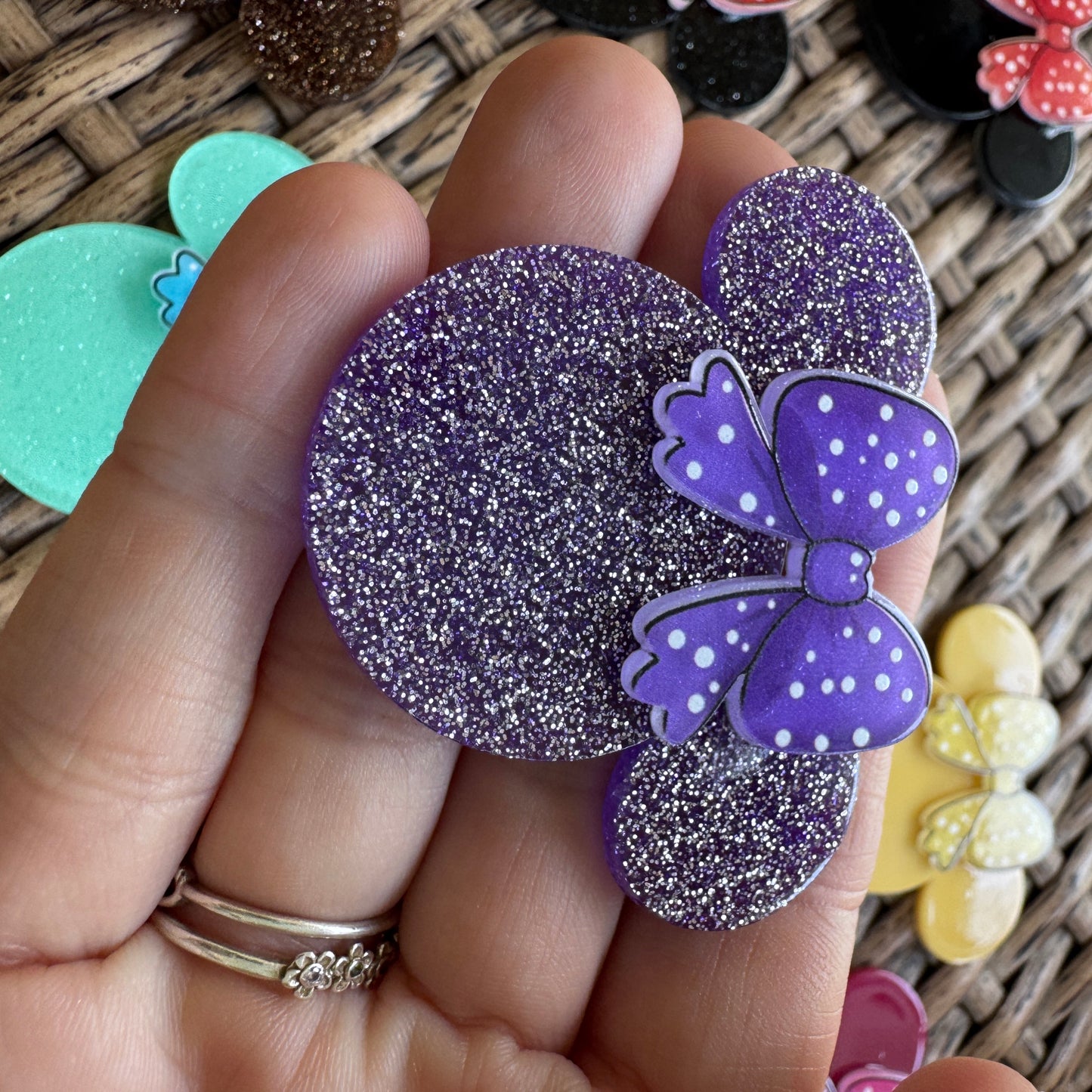 MIckey Mouse Head With Bow Double Layer, Color Choice,  Glitter Flatback,  Planar, Cabochon, Single Pc