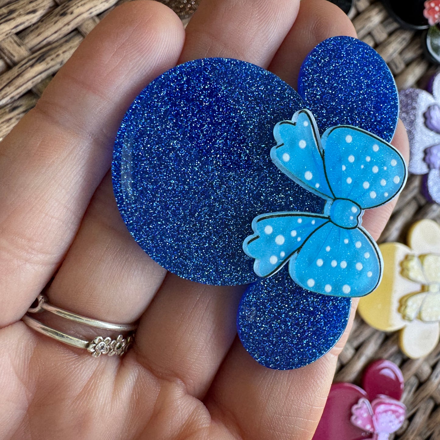 MIckey Mouse Head With Bow Double Layer, Color Choice,  Glitter Flatback,  Planar, Cabochon, Single Pc