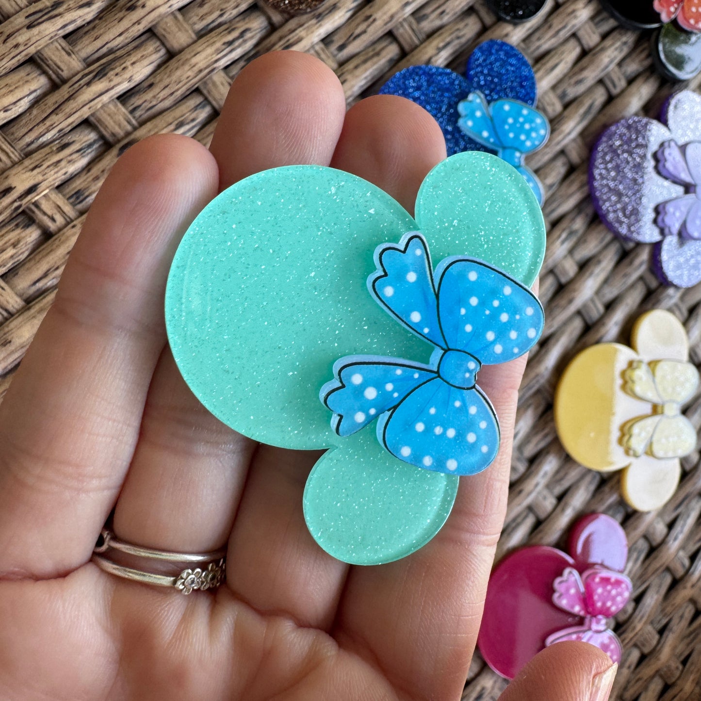 MIckey Mouse Head With Bow Double Layer, Color Choice,  Glitter Flatback,  Planar, Cabochon, Single Pc