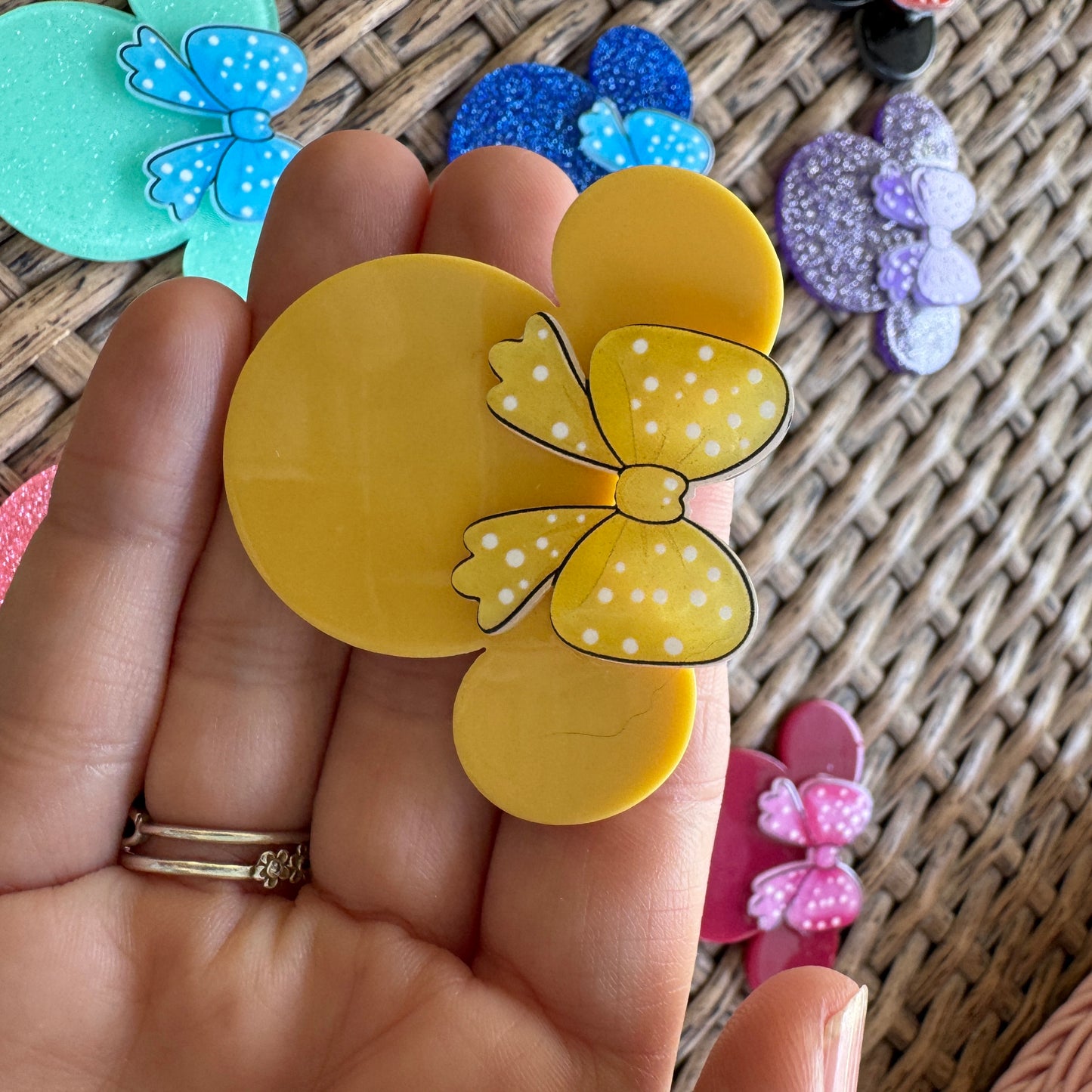 MIckey Mouse Head With Bow Double Layer, Color Choice,  Glitter Flatback,  Planar, Cabochon, Single Pc