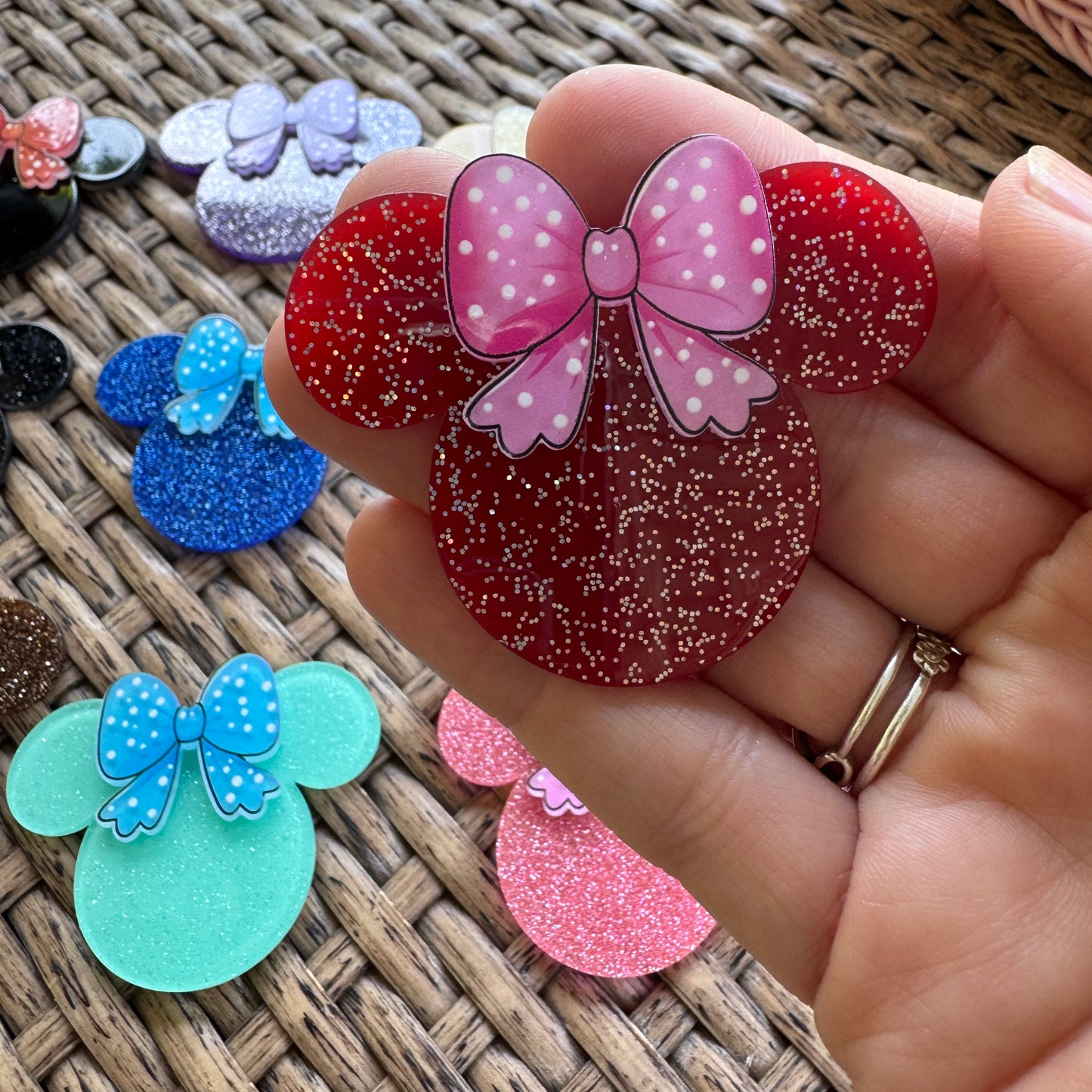 MIckey Mouse Head With Bow Double Layer, Color Choice,  Glitter Flatback,  Planar, Cabochon, Single Pc