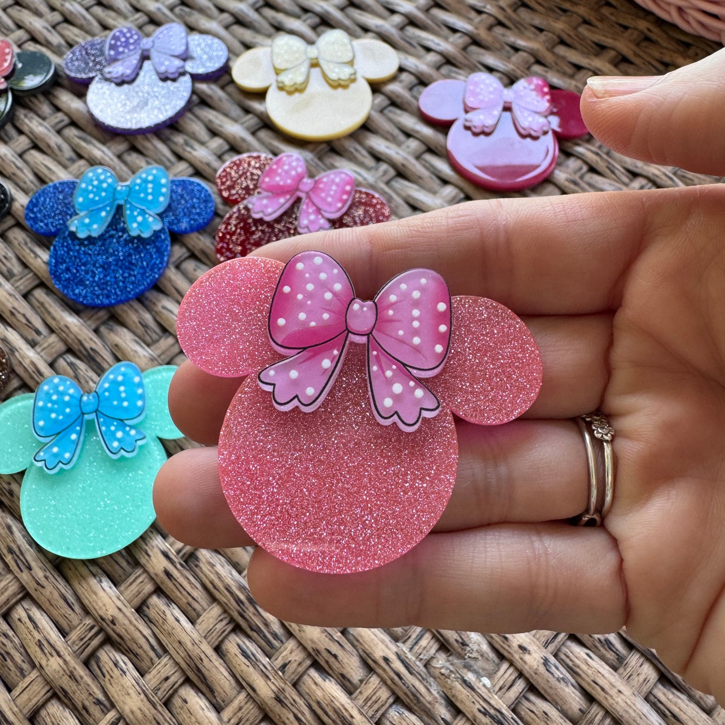 MIckey Mouse Head With Bow Double Layer, Color Choice,  Glitter Flatback,  Planar, Cabochon, Single Pc