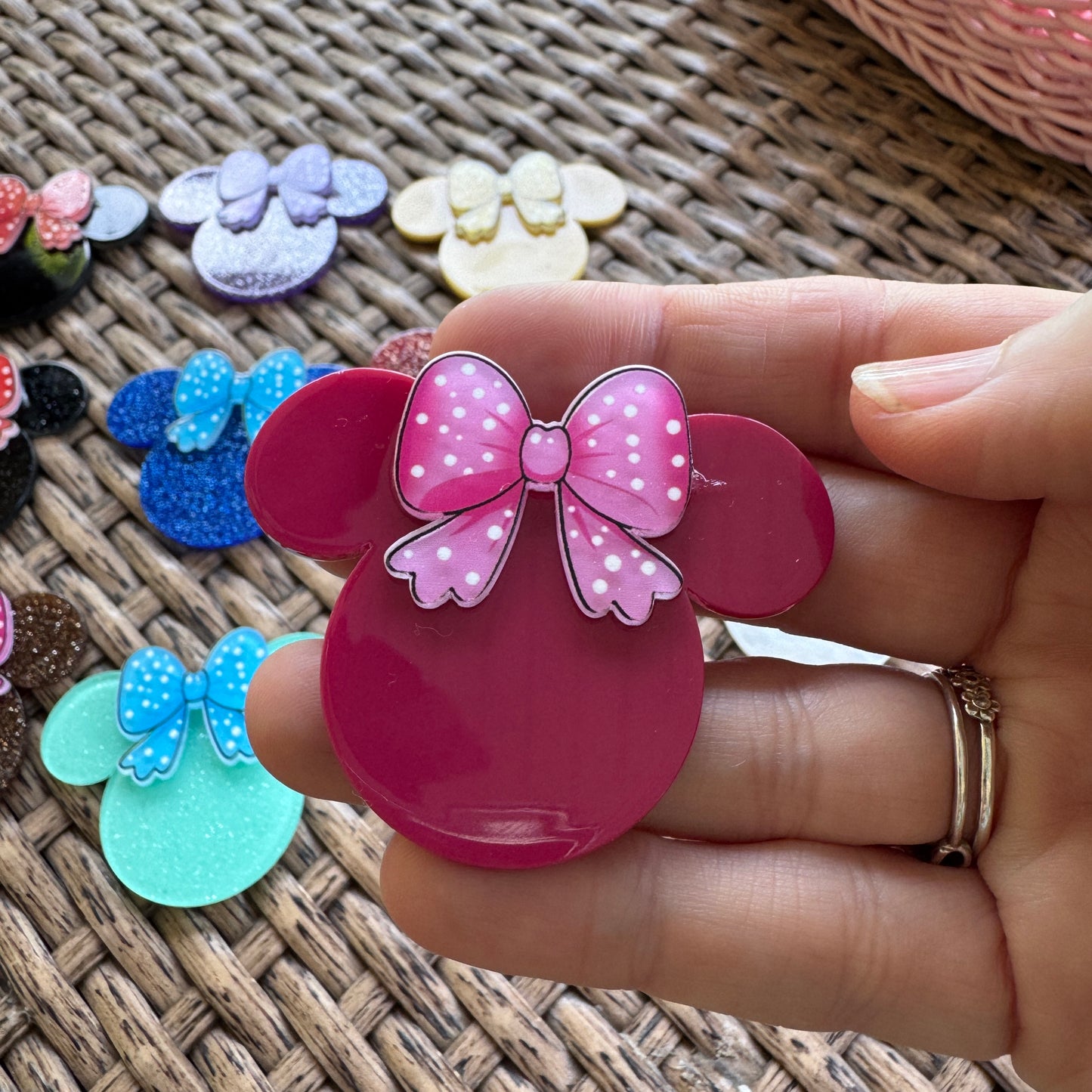 MIckey Mouse Head With Bow Double Layer, Color Choice,  Glitter Flatback,  Planar, Cabochon, Single Pc