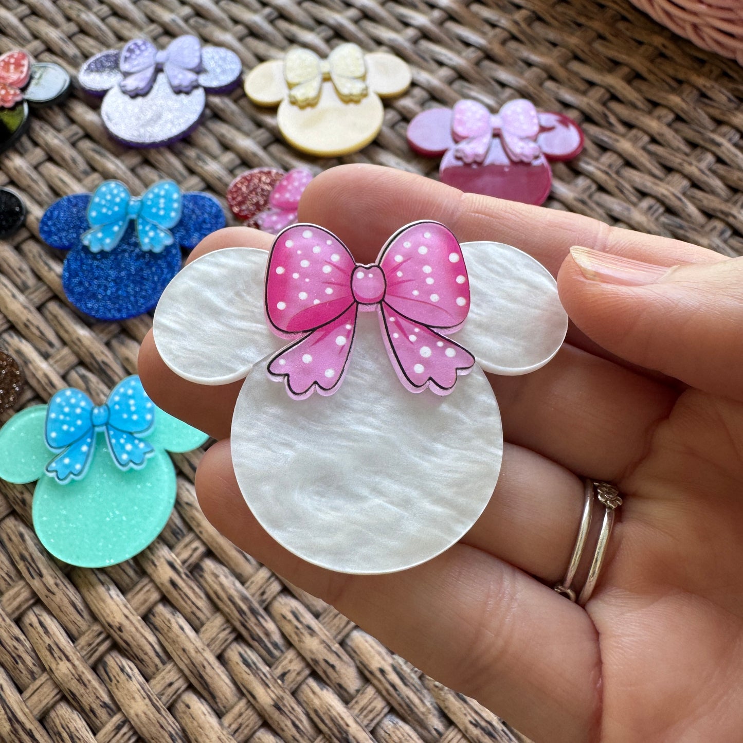 MIckey Mouse Head With Bow Double Layer, Color Choice,  Glitter Flatback,  Planar, Cabochon, Single Pc