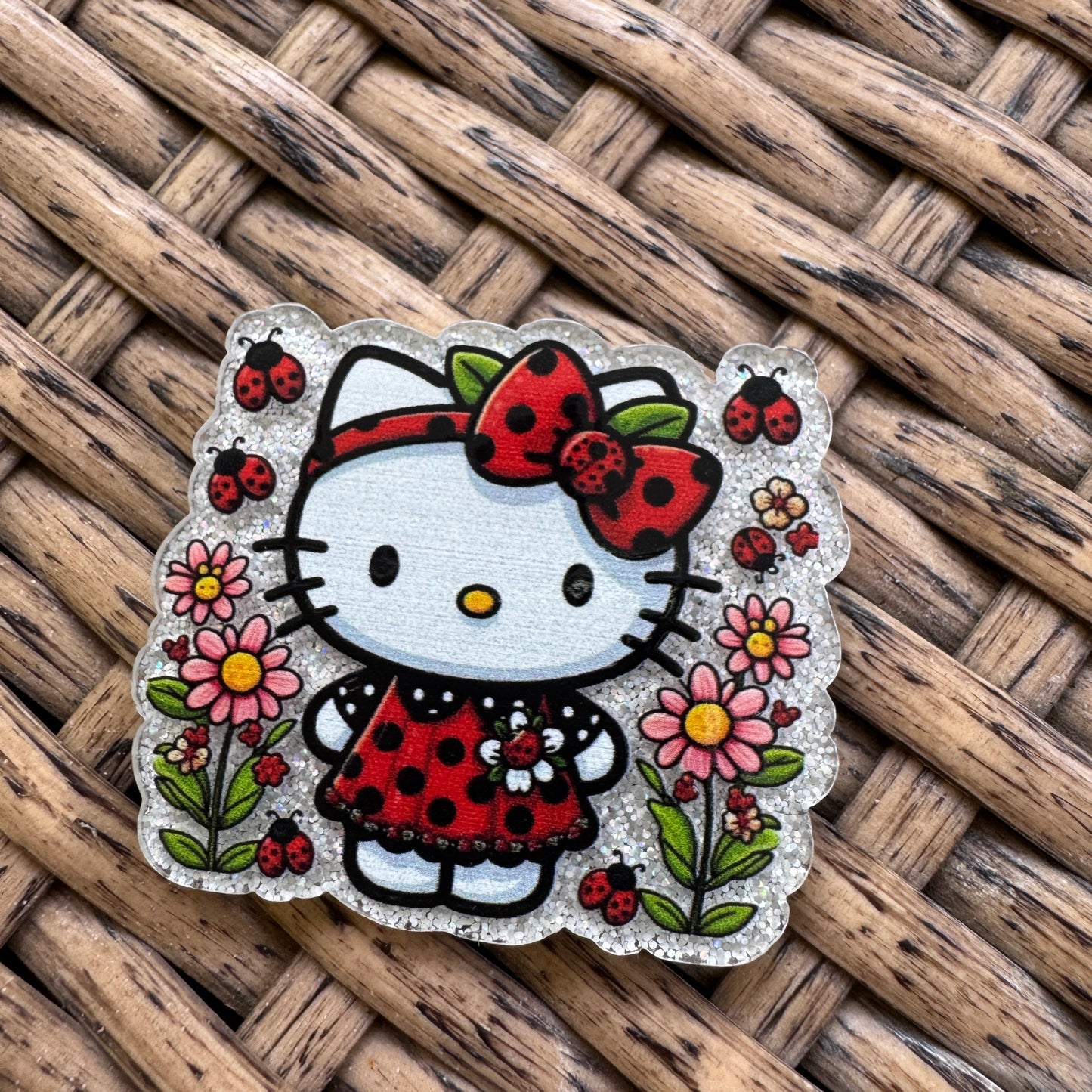 Hello Kitty Ladybugs, Glitter Flatback,  Planar, Cabochon, Single Pc