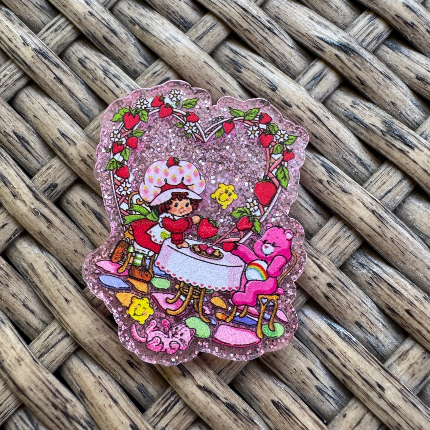 Strawberry Short Cake and Carebear, 80's Cartoon, Glitter Flatback,  Planar, Cabochon, Single Pc
