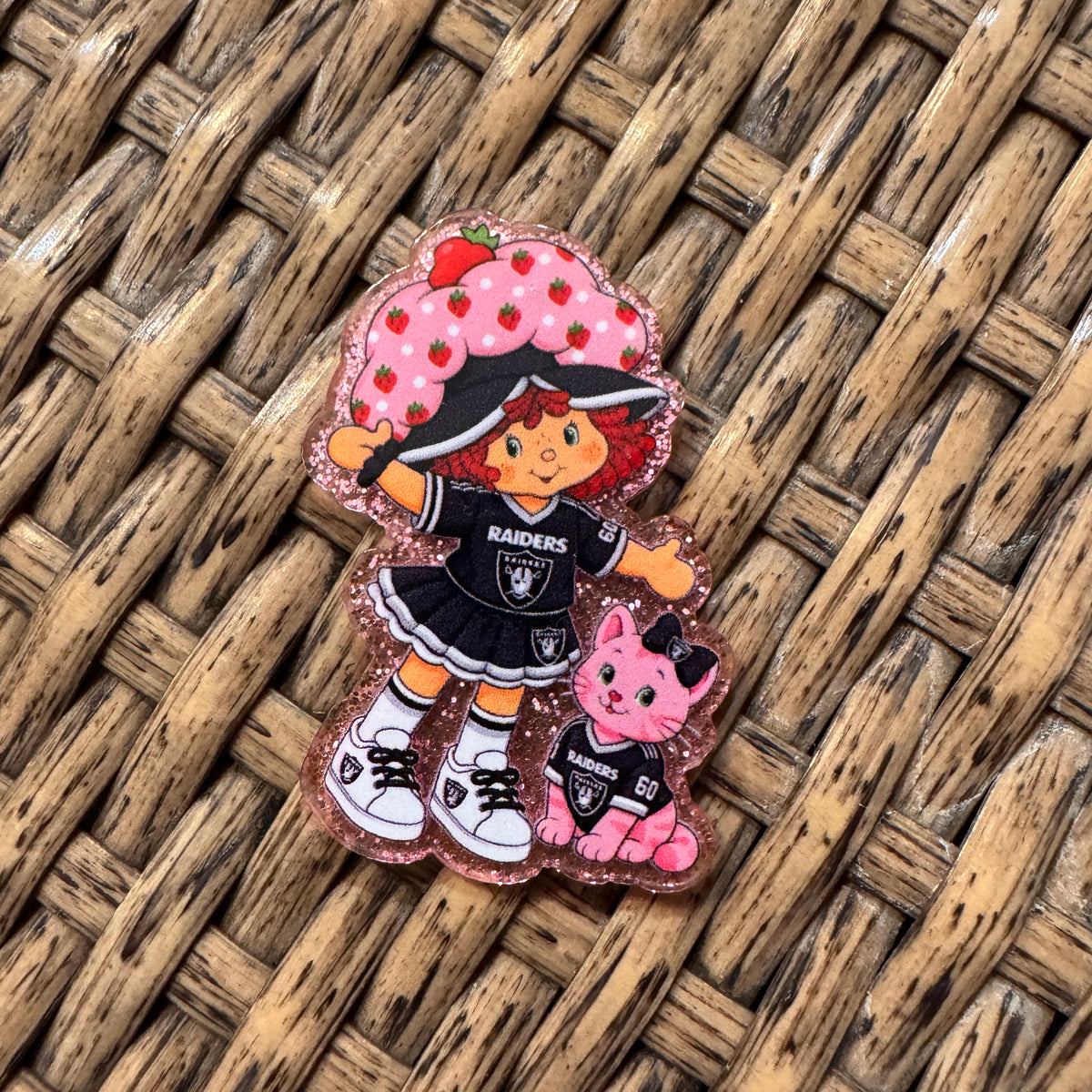 Acrylic Flatback Craft Embellishment - Strawberry SHortcake Wearing Raiders football team outfit