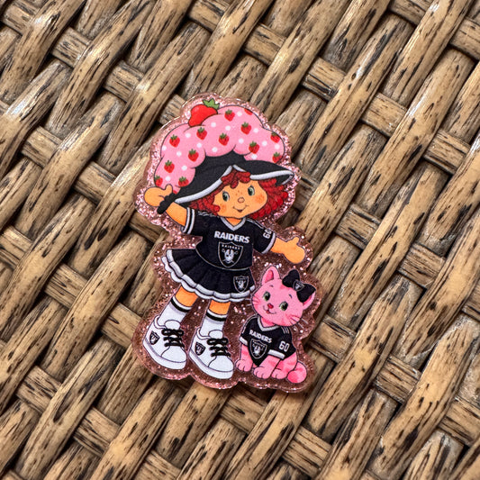 Acrylic Flatback Craft Embellishment - Strawberry SHortcake Wearing Raiders football team outfit