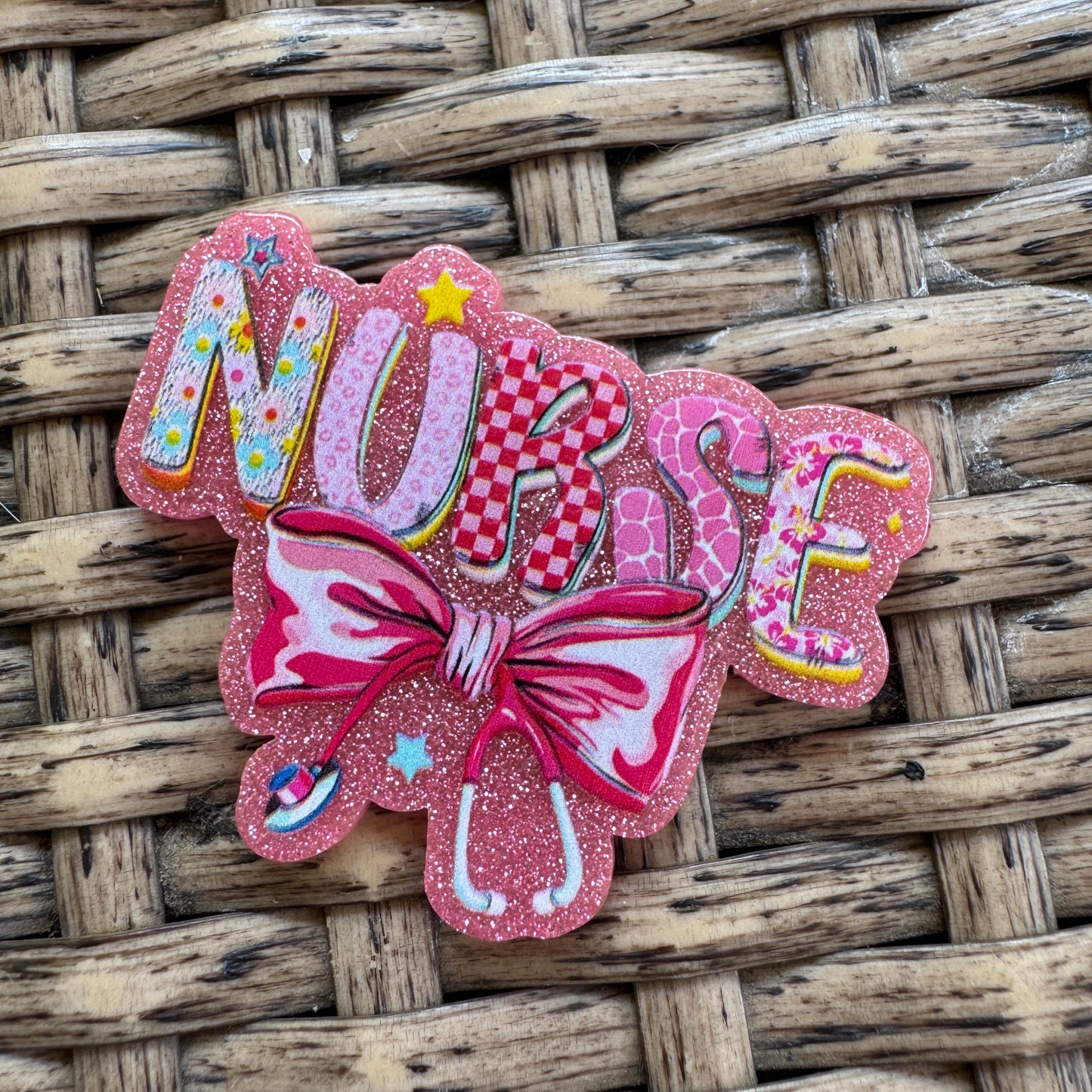 Acrylic Fatback, Planar, Cabochon, Craft Supply - Nurse  Pink with Bow