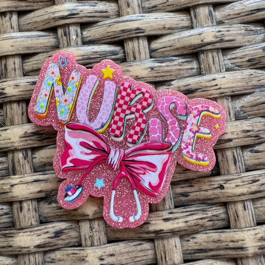Acrylic Fatback, Planar, Cabochon, Craft Supply - Nurse  Pink with Bow