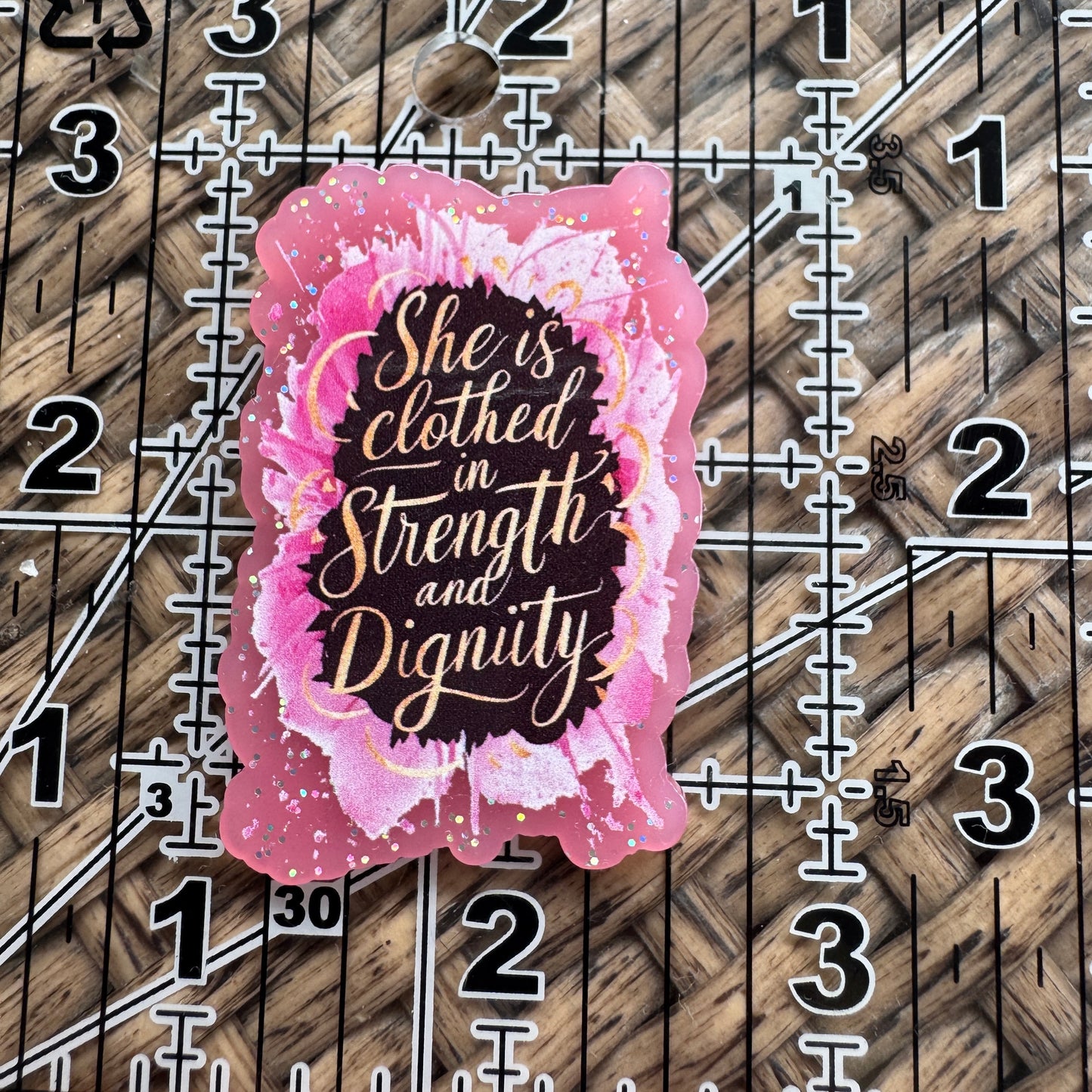 Acrylic Fatback, Planar, Cabochon, Craft Supply - Christian She is Clothed In Strength