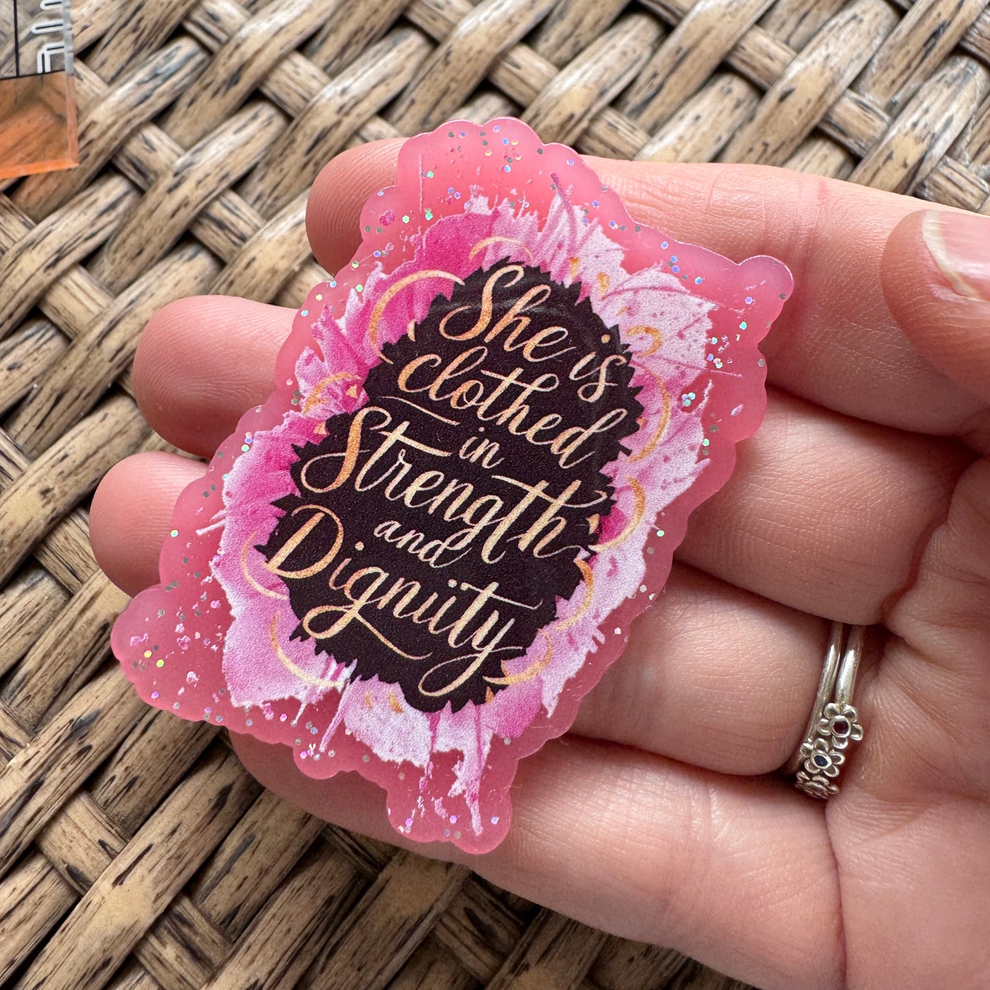 Acrylic Fatback, Planar, Cabochon, Craft Supply - Christian She is Clothed In Strength