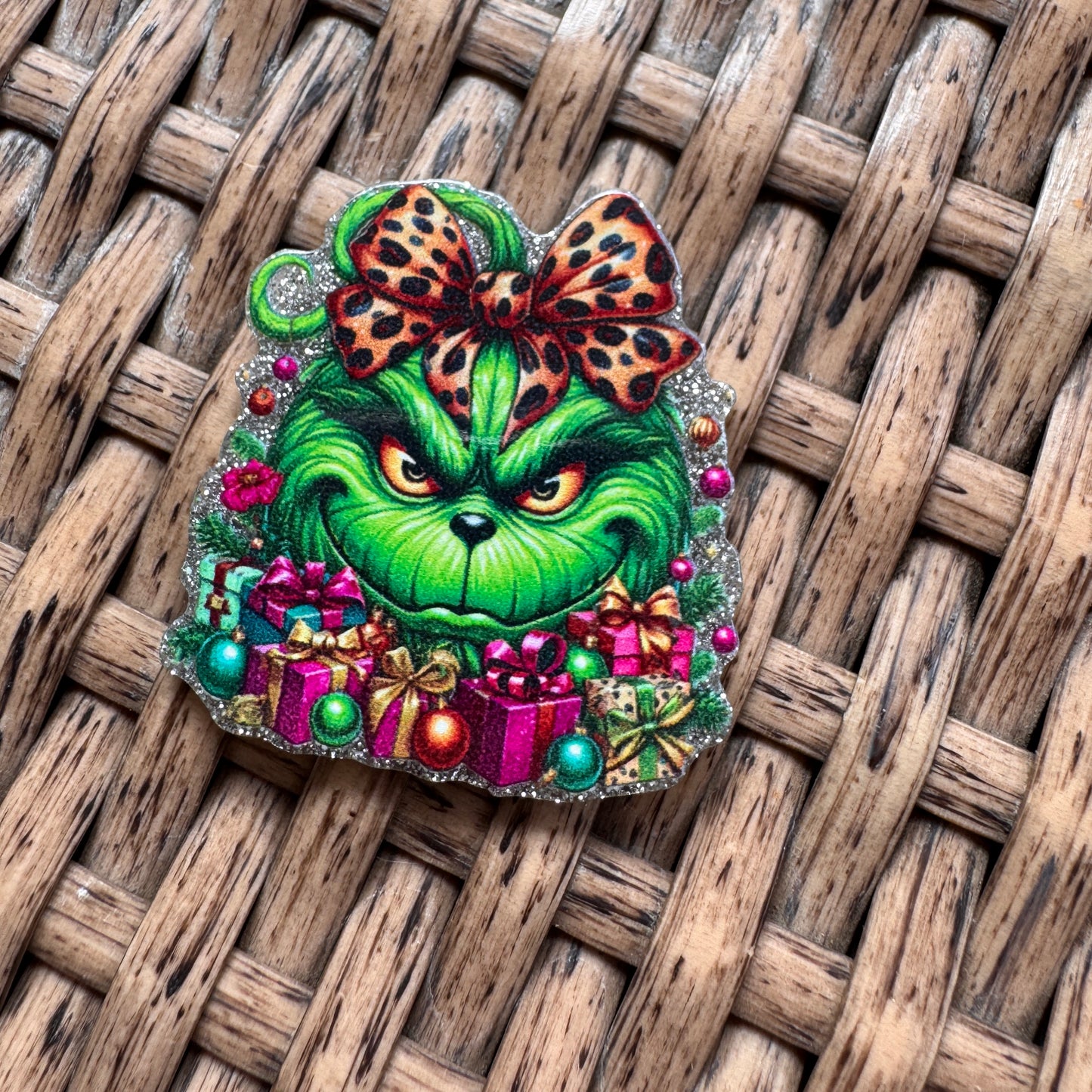 Acrylic Flatback,  Planar, Cabochon, Single Pc - Grinch With Bow