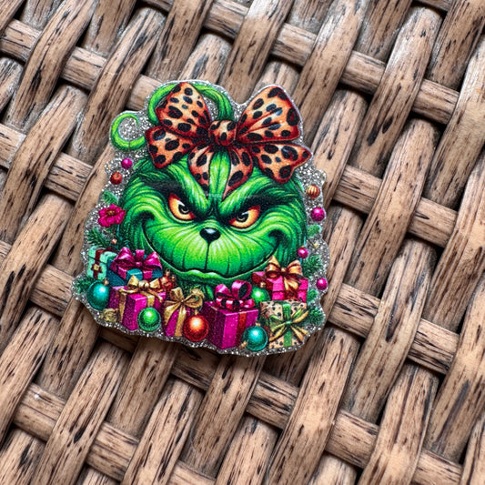 Acrylic Flatback,  Planar, Cabochon, Single Pc - Grinch With Bow