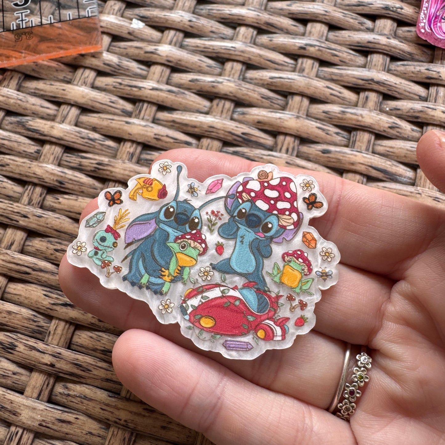 Acrylic Flatback,  Planar, Cabochon, Single Pc - Stitch and mushrooms