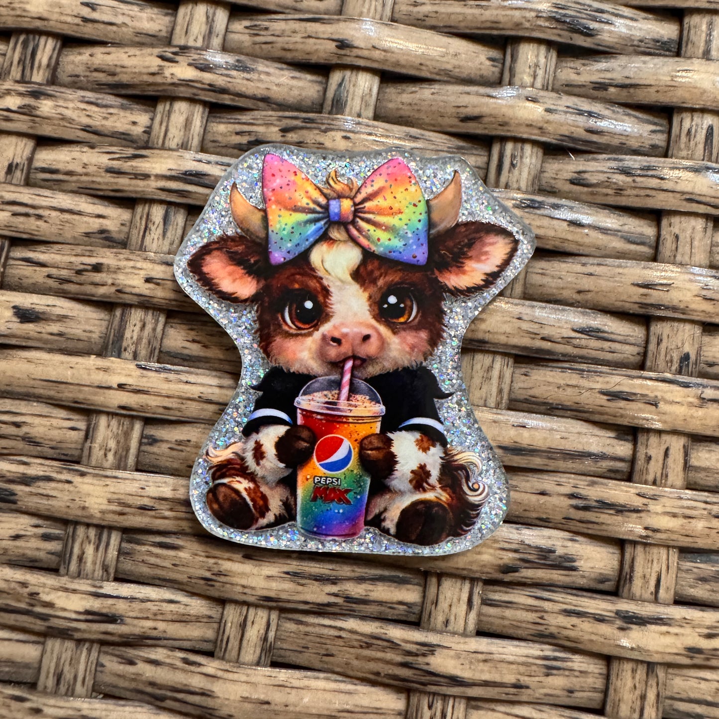 Cow With Pepsi Glitter Flatback, Cheetah Print, Heart, Single Pc.