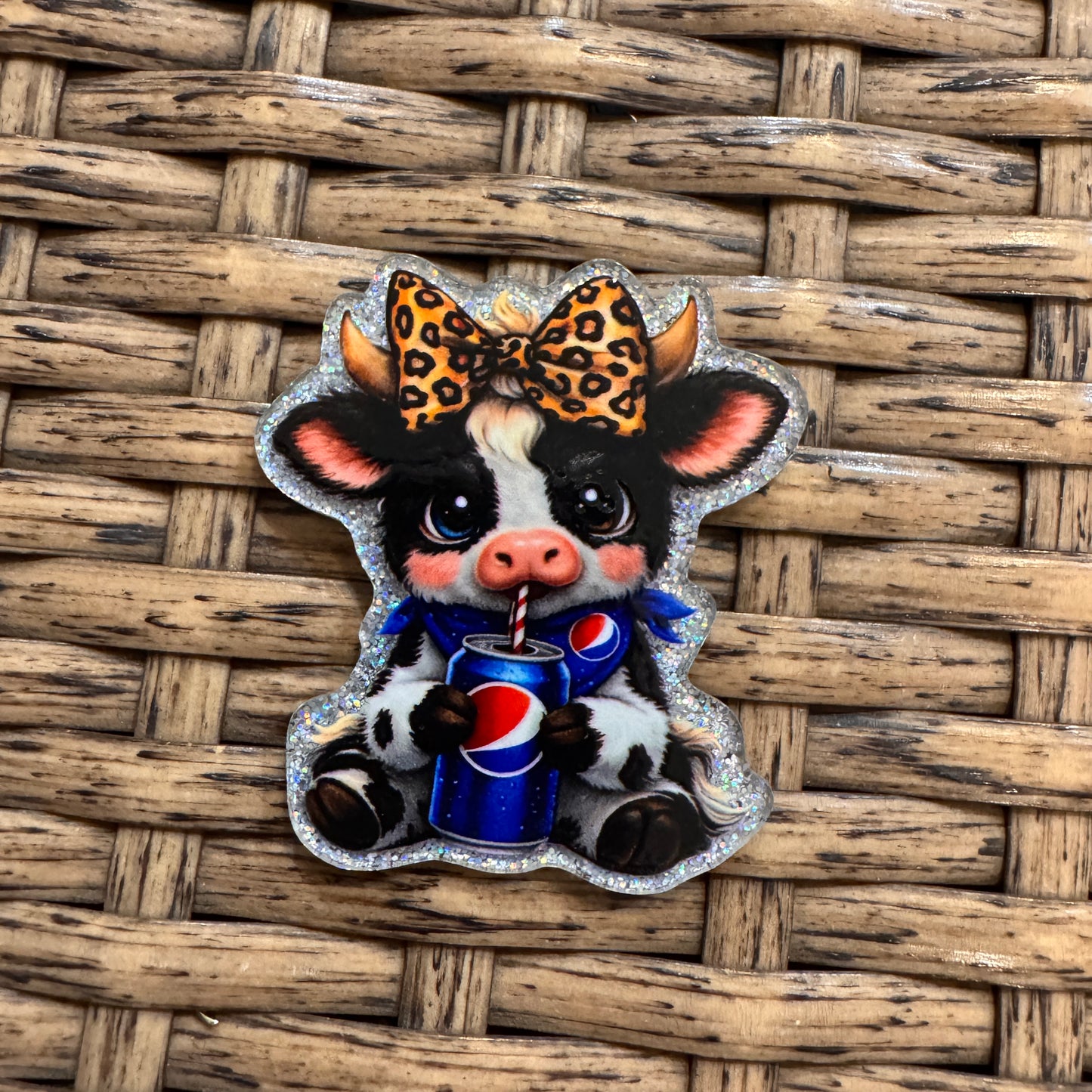 Cow With Pepsi Glitter Flatback, Cheetah Print, Heart, Single Pc.