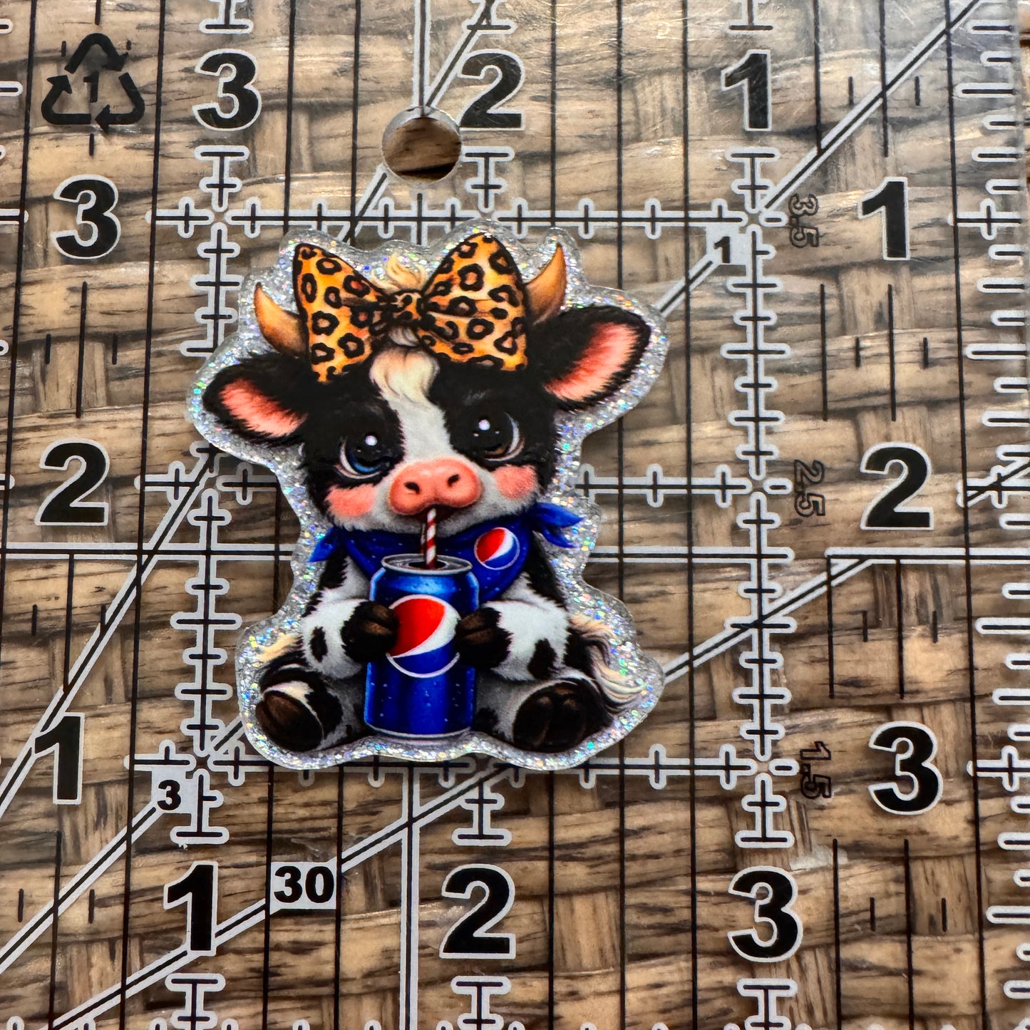Cow With Pepsi Glitter Flatback, Cheetah Print, Heart, Single Pc.