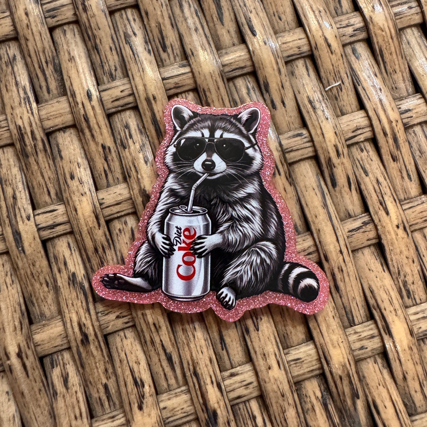 Trash Panda Raccoon Diet Coke Glitter Flatback, Cheetah Print, Heart, Single Pc.