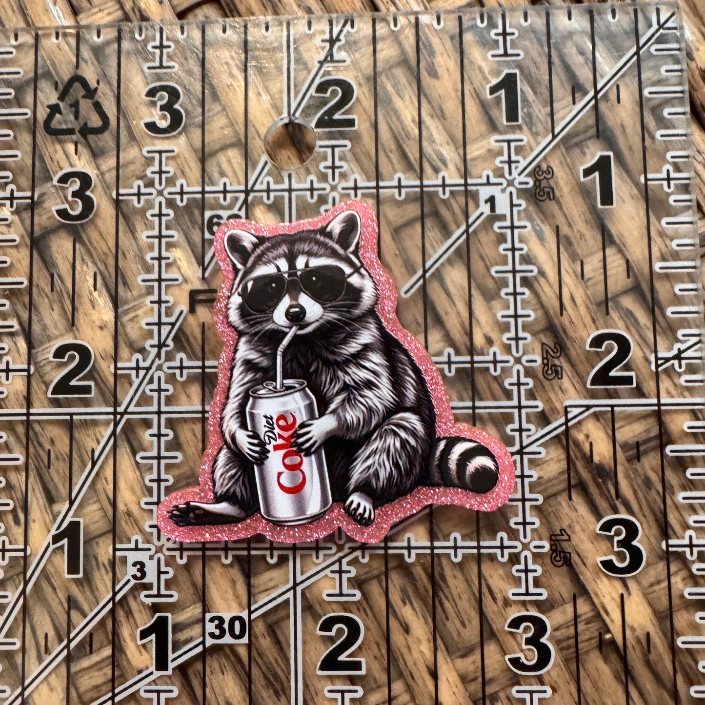 Trash Panda Raccoon Diet Coke Glitter Flatback, Cheetah Print, Heart, Single Pc.