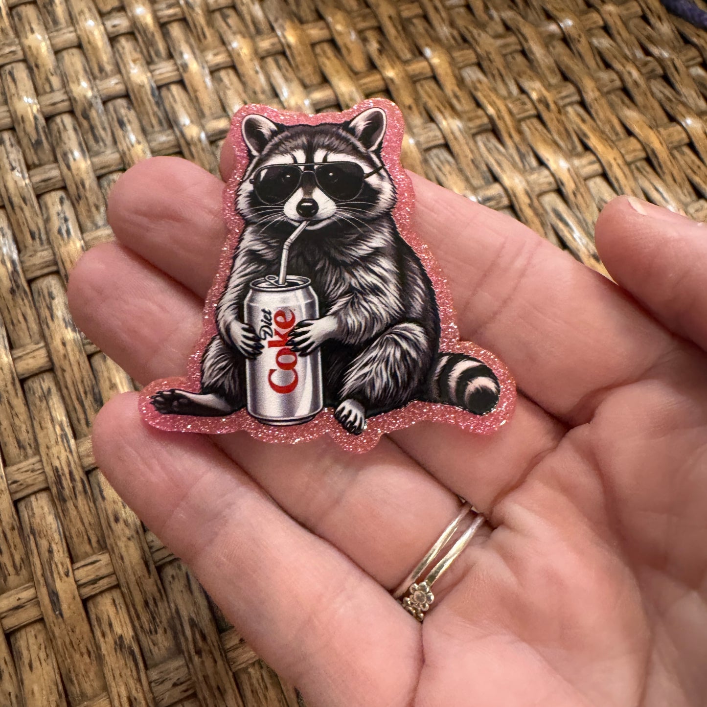 Trash Panda Raccoon Diet Coke Glitter Flatback, Cheetah Print, Heart, Single Pc.