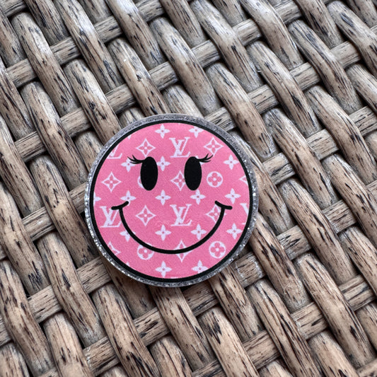 Acrylic Flatback,  Planar, Cabochon, Single Pc. - Pink Designer Smiley Face