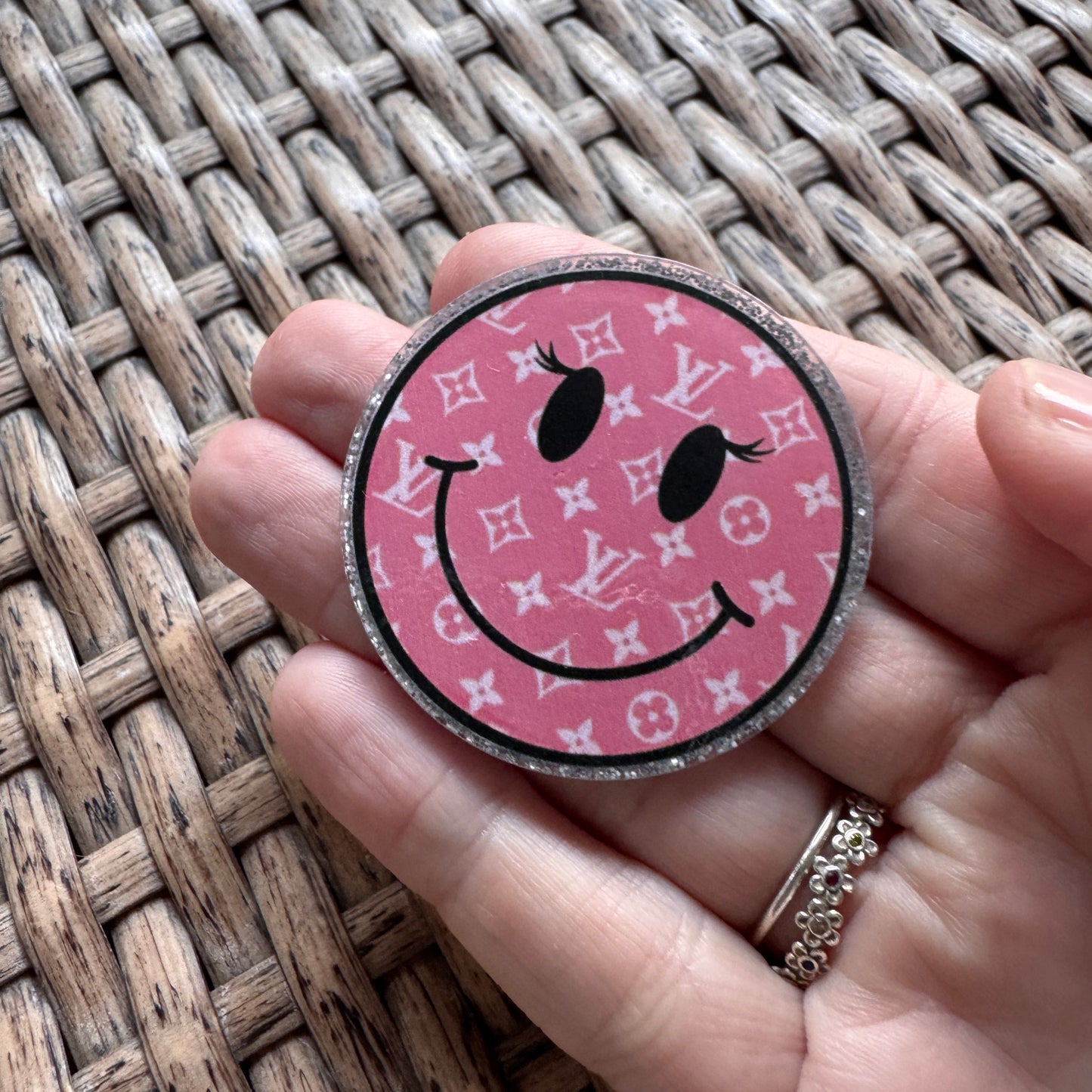 Acrylic Flatback,  Planar, Cabochon, Single Pc. - Pink Designer Smiley Face