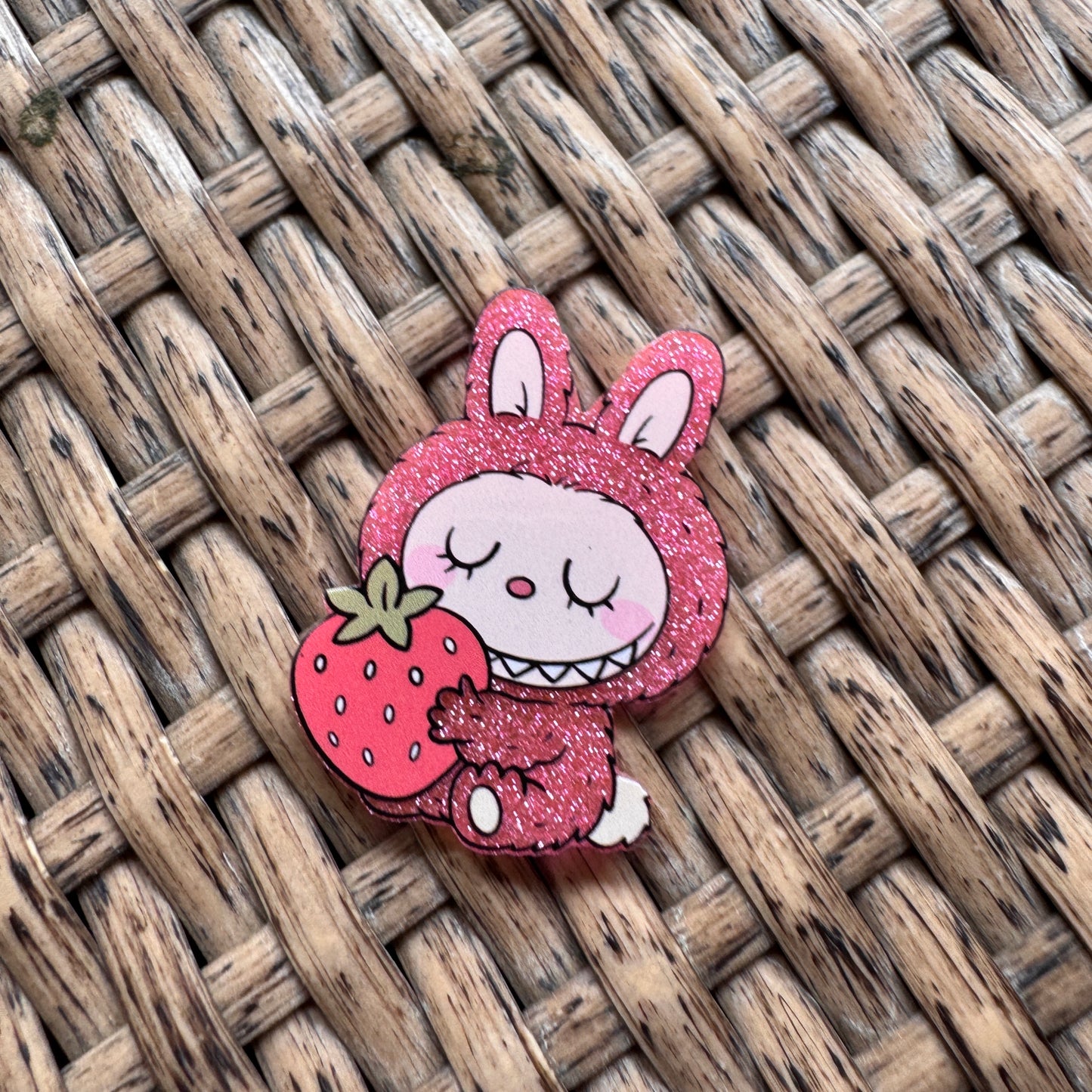 Pink glittery bunny character with a strawberry Acrylic Flatback