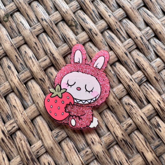 Pink glittery bunny character with a strawberry Acrylic Flatback