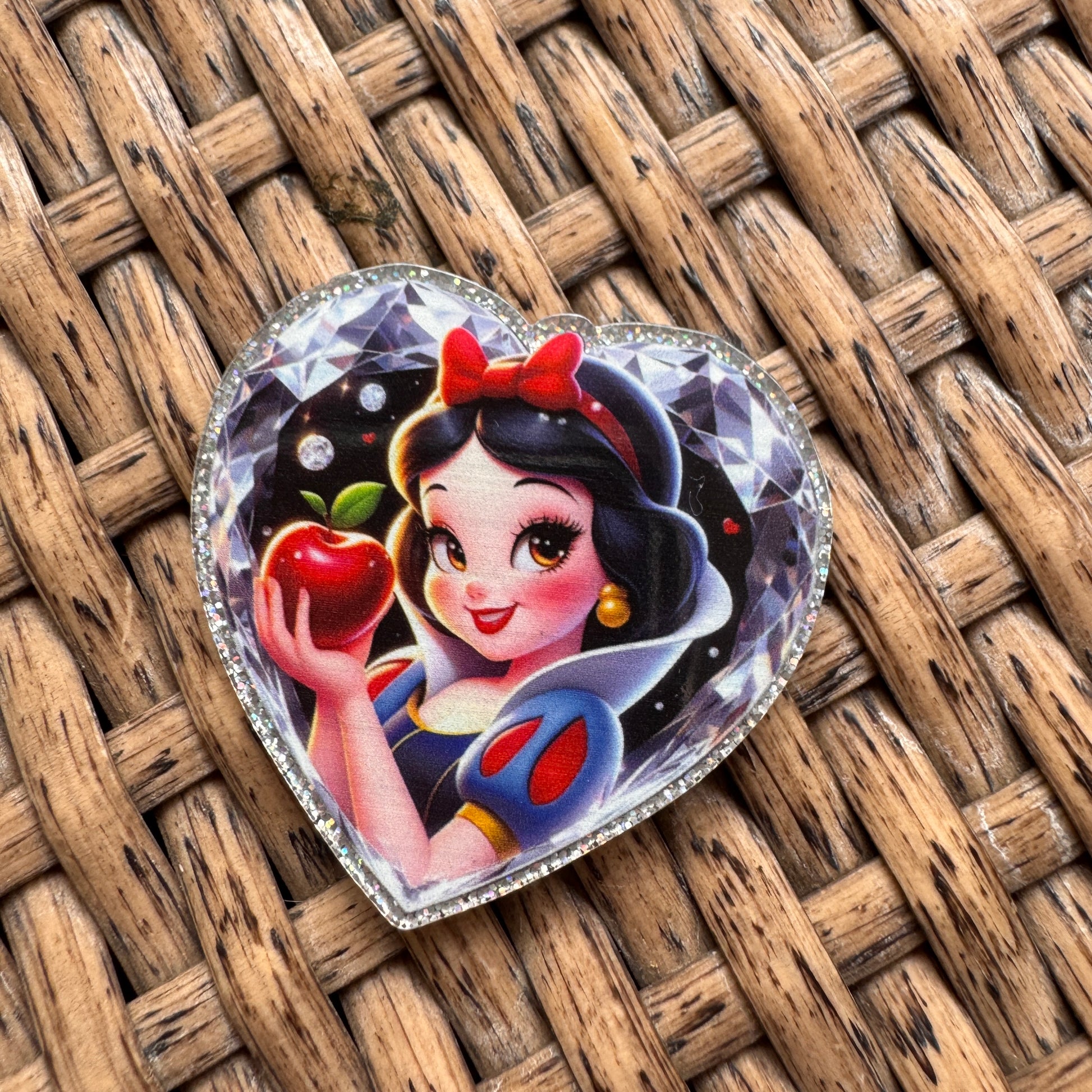 Heart-shaped acrylic flatback with Snow White design 