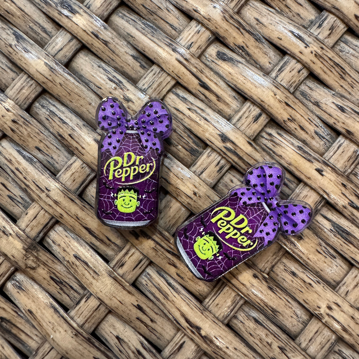 Small Acrylic Focal Bead Set of Two  – Double-Sided Image Beadable Charms Halloween Dr Pepper