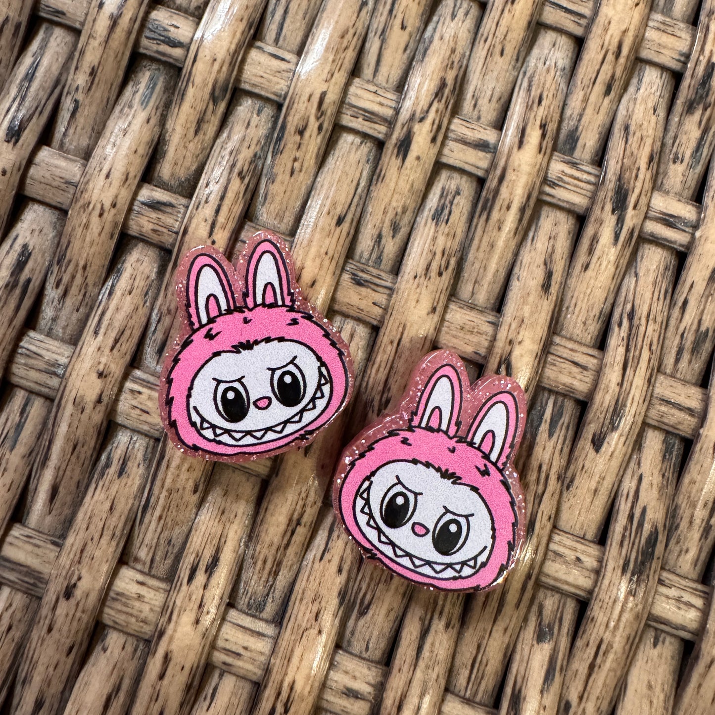 Small Acrylic Focal Bead Set of Two Pink Bubu Head– Double-Sided Image Charms for Beadable Pens, Badge Reels, Keychains, Jewelry, Junk Cases
