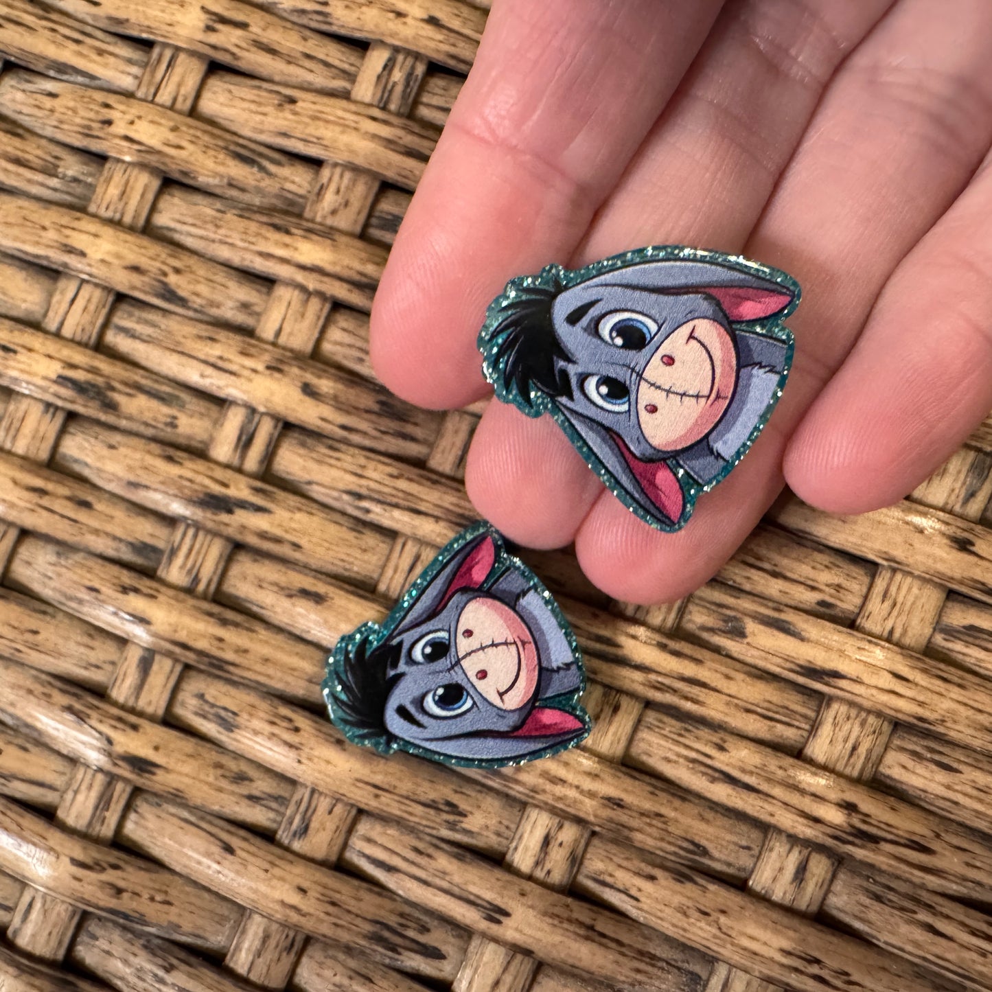 Small Acrylic Focal Bead Set of Two Eeyore– Double-Sided Image Charms for Beadable Pens, Badge Reels, Keychains, Jewelry, Junk Cases
