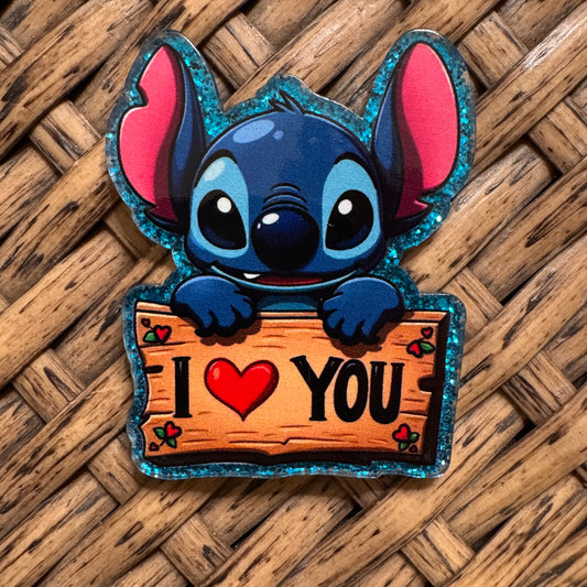 Stitch I heart You.  Acrylic Flatback,  Planar, Cabochon, Single Pc.