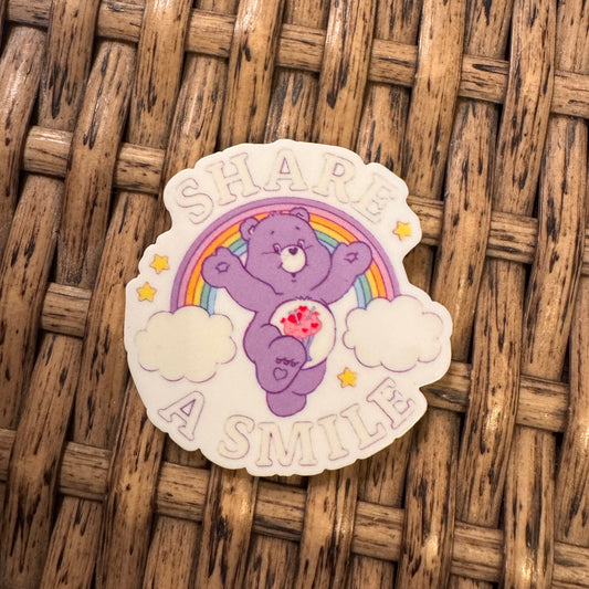 Purple Carebear Acrylic Flatback,  Planar, Cabochon, Single Pc. Faded words