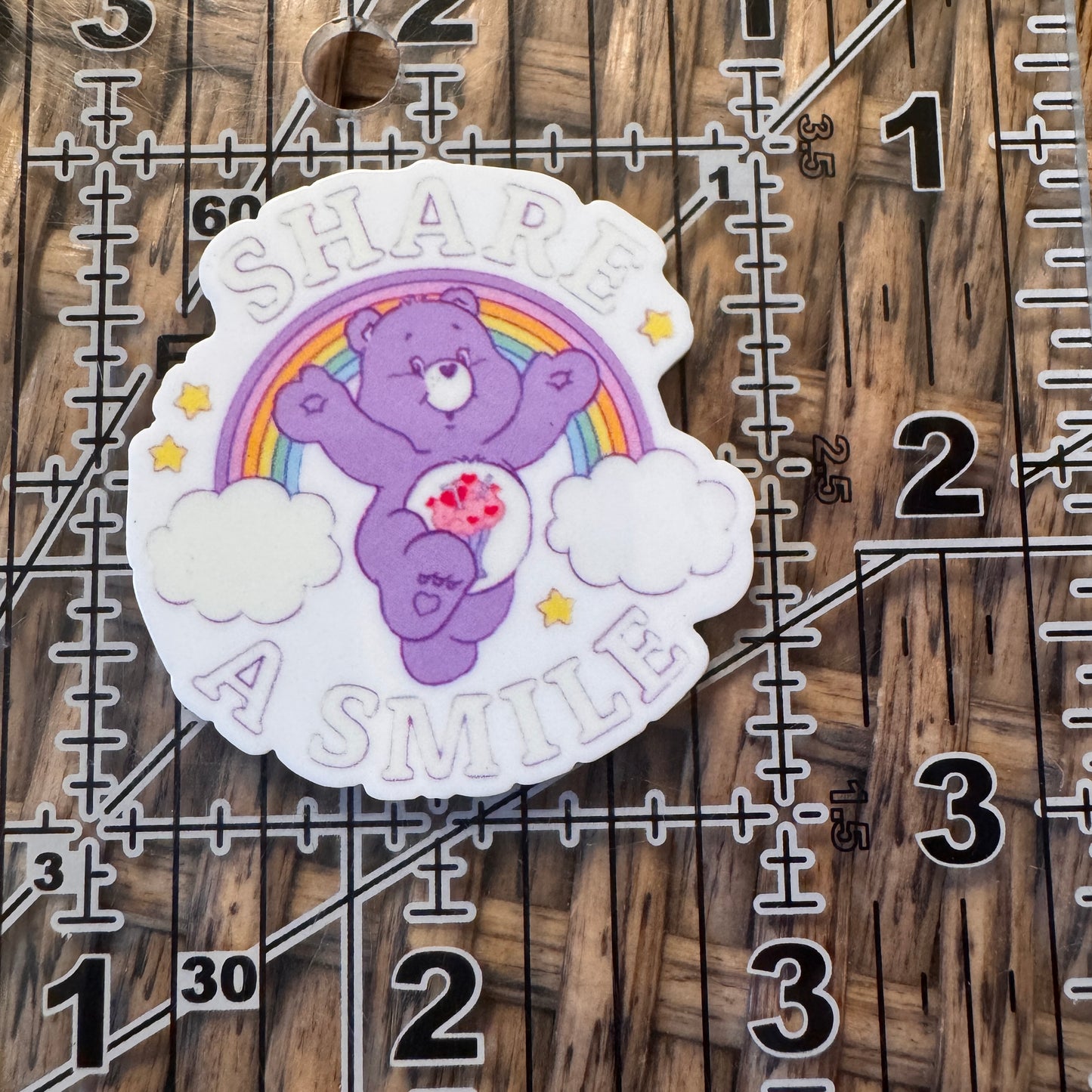 Purple Carebear Acrylic Flatback,  Planar, Cabochon, Single Pc. Faded words