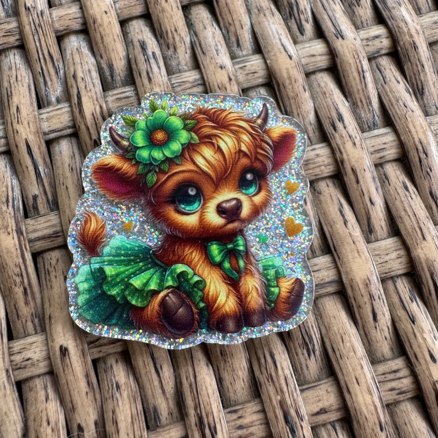 Cute Cow in Green Dress Flatback, Single Pc.